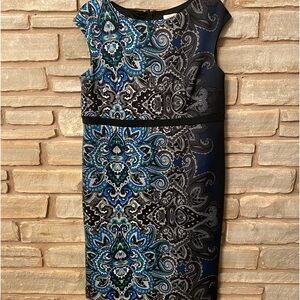 Chicos Dress Size 1.5 Omber Paisley Carbon Blue Sleeveless Sheath,Soft& stretchy